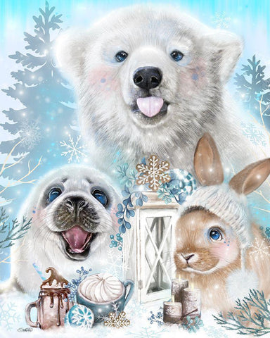 Snowflake Kisses Polar Bear and Friends White Modern Wood Framed Art Print with Double Matting by Sheena Pike Art