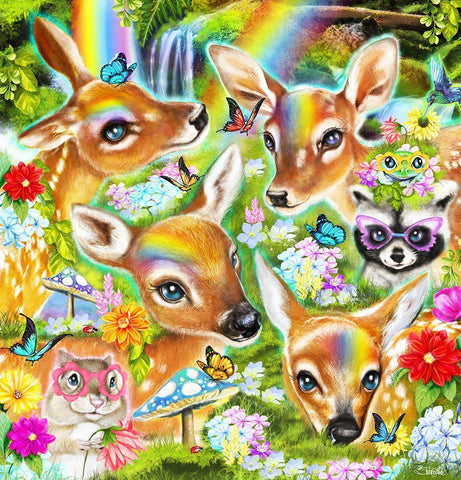 Fawns n Flowers Black Ornate Wood Framed Art Print with Double Matting by Sheena Pike Art