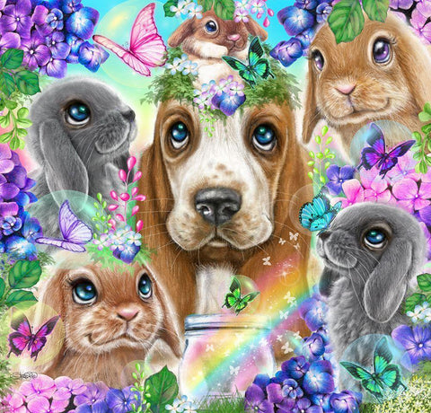 Basset Hound Bunnies n Butterflies Black Ornate Wood Framed Art Print with Double Matting by Sheena Pike Art