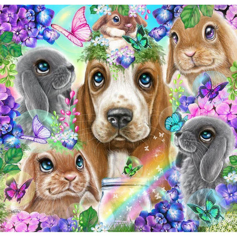 Basset Hound Bunnies n Butterflies Black Modern Wood Framed Art Print with Double Matting by Sheena Pike Art