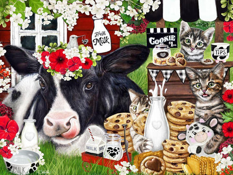 Cookies n Milk Cow and Kitties Black Ornate Wood Framed Art Print with Double Matting by Sheena Pike Art