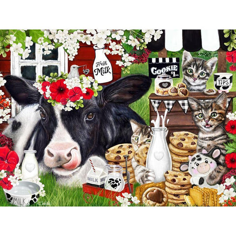 Cookies n Milk Cow and Kitties Gold Ornate Wood Framed Art Print with Double Matting by Sheena Pike Art