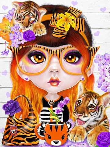 Tiger loving Tessa Munchkinz White Modern Wood Framed Art Print with Double Matting by Sheena Pike Art