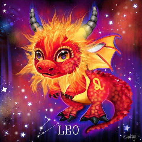 Zodiac Lil Dragonz Leo Black Ornate Wood Framed Art Print with Double Matting by Sheena Pike Art