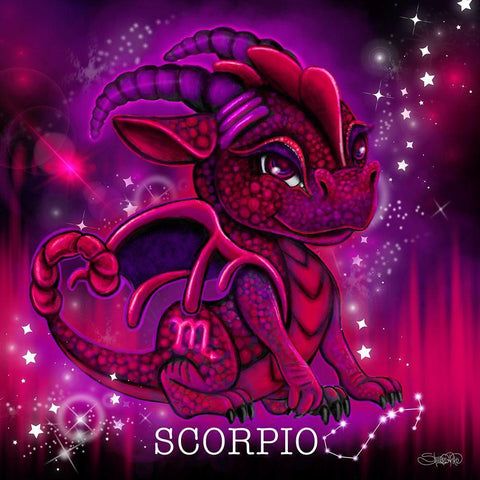 Zodiac Lil Dragonz Scorpio Black Modern Wood Framed Art Print with Double Matting by Sheena Pike Art