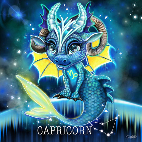 Zodiac Lil Dragonz - Capricorn White Modern Wood Framed Art Print by Sheena Pike Art