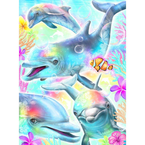 Daydream Rainbow Dolphins Black Modern Wood Framed Art Print with Double Matting by Sheena Pike Art