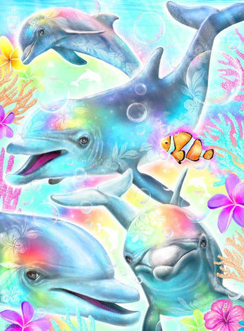 Daydream Rainbow Dolphins Black Ornate Wood Framed Art Print with Double Matting by Sheena Pike Art