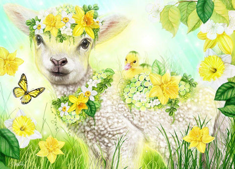 Sweet Daffodil Lamb Black Ornate Wood Framed Art Print with Double Matting by Sheena Pike Art