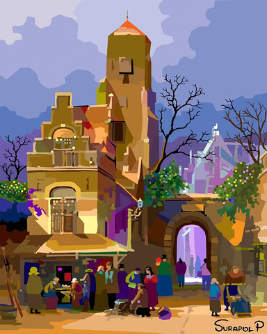 Border Village White Modern Wood Framed Art Print with Double Matting by Pansanit, Surapol