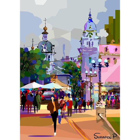 Tourist City Black Modern Wood Framed Art Print with Double Matting by Pansanit, Surapol
