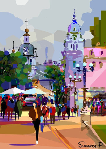 Tourist City White Modern Wood Framed Art Print with Double Matting by Pansanit, Surapol