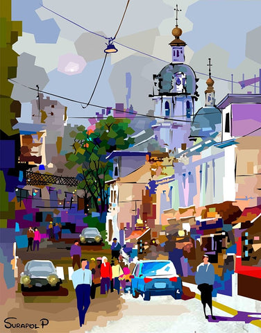 Ancient City Center White Modern Wood Framed Art Print with Double Matting by Pansanit, Surapol