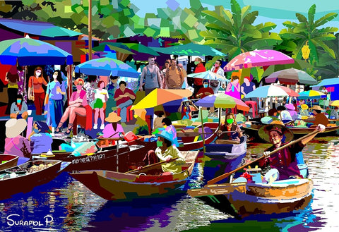 Tour The Floating Market No1 Black Ornate Wood Framed Art Print with Double Matting by Pansanit, Surapol