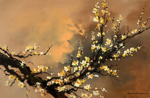 Yellow Plum Blossom Black Ornate Wood Framed Art Print with Double Matting by Leung, Thomas