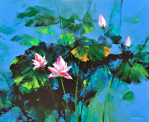 Lily Pond White Modern Wood Framed Art Print with Double Matting by Leung, Thomas