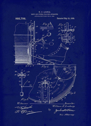 1909 Drum Cymbal Playing Apparatus Black Ornate Wood Framed Art Print with Double Matting by Lavoie, Tina