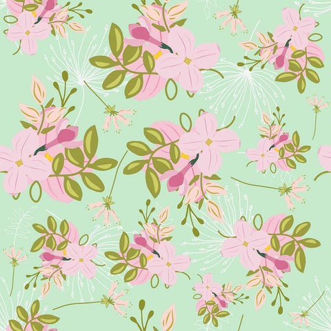 Pink Mint Floral Pattern White Modern Wood Framed Art Print with Double Matting by Lavoie, Tina
