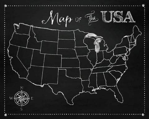 Chalkboard US Map White Modern Wood Framed Art Print with Double Matting by Lavoie, Tina