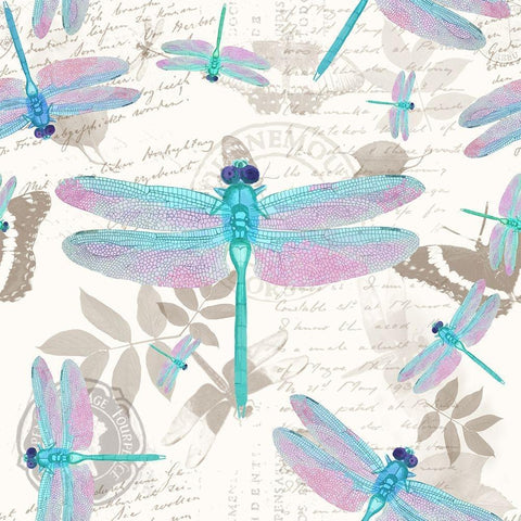 Vintage Botanicals Dragonfly Pattern Aqua Black Modern Wood Framed Art Print by Lavoie, Tina