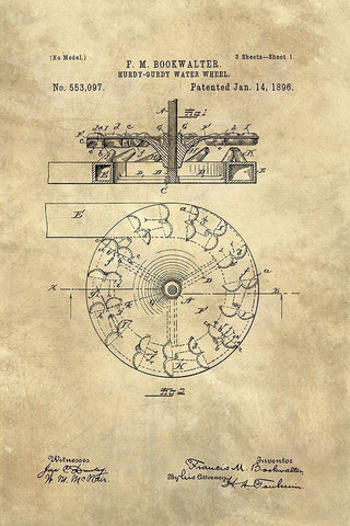 Hurdy-Gurdy Water Wheel blueprint - Industrial Farmhouse Black Ornate Wood Framed Art Print with Double Matting by Lavoie, Tina