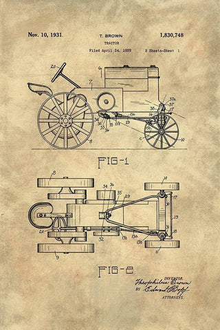 Tractor Blueprint - Industrial Farmhouse Black Ornate Wood Framed Art Print with Double Matting by Lavoie, Tina
