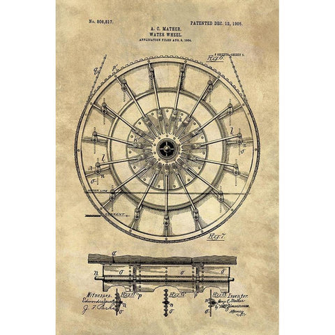 Water Wheel Blueprint Industrial Farmhouse White Modern Wood Framed Art Print by Lavoie, Tina