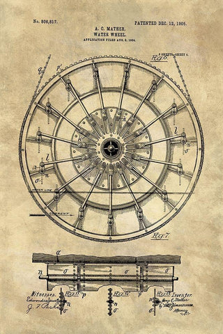 Water Wheel Blueprint Industrial Farmhouse Black Ornate Wood Framed Art Print with Double Matting by Lavoie, Tina