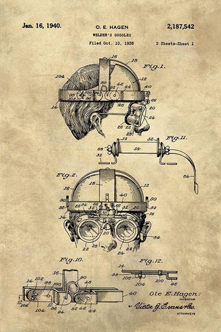 Welding Goggles Blueprint - Industrial Farmhouse Black Ornate Wood Framed Art Print with Double Matting by Lavoie, Tina