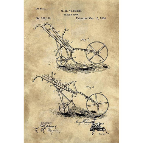 Garden Plow Blueprint Industrial Farmhouse Black Modern Wood Framed Art Print with Double Matting by Lavoie, Tina