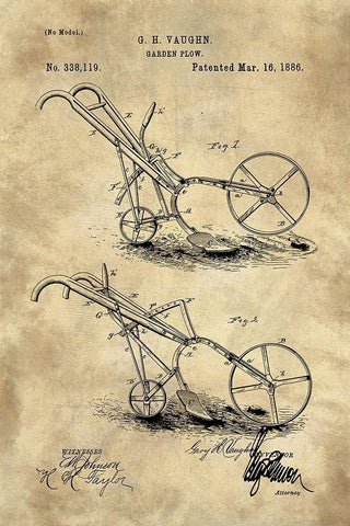 Garden Plow Blueprint Industrial Farmhouse Black Ornate Wood Framed Art Print with Double Matting by Lavoie, Tina