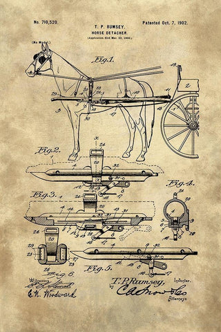 Horse Detacher Blueprint - Industrial Farmhouse Black Ornate Wood Framed Art Print with Double Matting by Lavoie, Tina