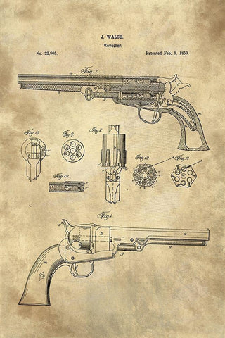 Revolver Blueprint Industrial Farmhouse White Modern Wood Framed Art Print with Double Matting by Lavoie, Tina