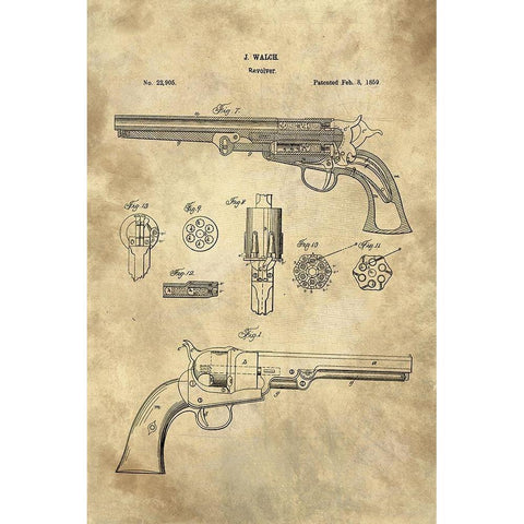 Revolver Blueprint Industrial Farmhouse Black Modern Wood Framed Art Print by Lavoie, Tina
