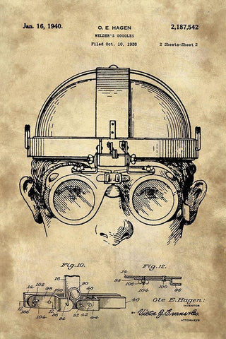 Welding Goggles Blueprint Detail Drawing - Industrial Farmhouse White Modern Wood Framed Art Print with Double Matting by Lavoie, Tina