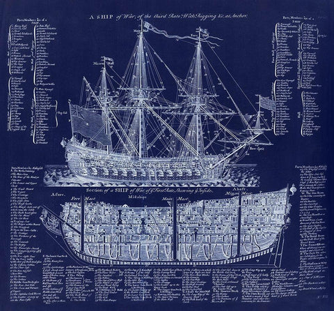 British War Ship Blueprint White Modern Wood Framed Art Print with Double Matting by Lavoie, Tina