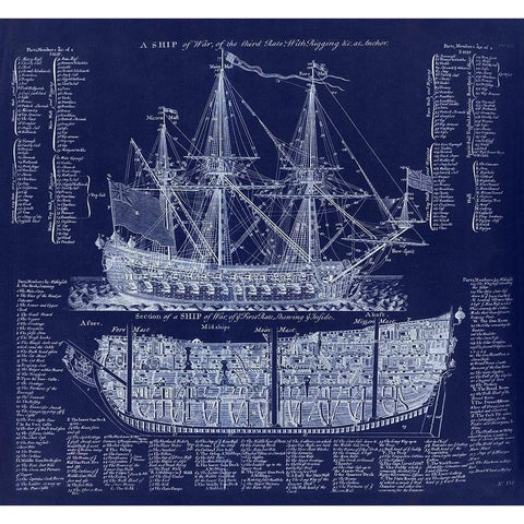 British War Ship Blueprint Gold Ornate Wood Framed Art Print with Double Matting by Lavoie, Tina