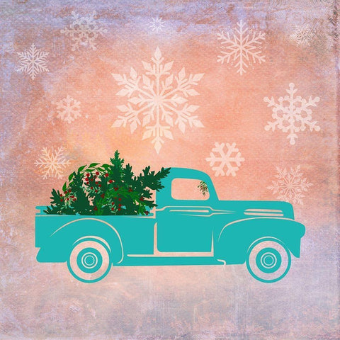 Teal Christmas Truck Gold Ornate Wood Framed Art Print with Double Matting by Lavoie, Tina