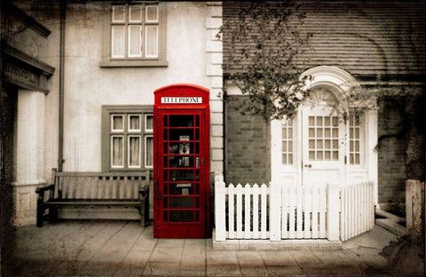 Red Telephone Booth Black Ornate Wood Framed Art Print with Double Matting by Lavoie, Tina