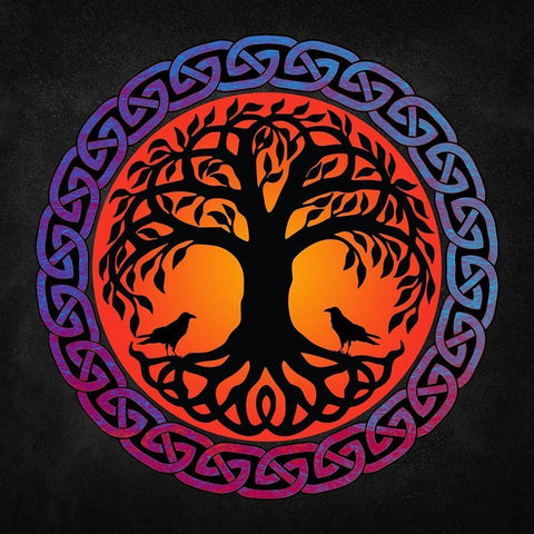 Yggdrasil World Tree with Huginn and Muninn Black Modern Wood Framed Art Print with Double Matting by Lavoie, Tina