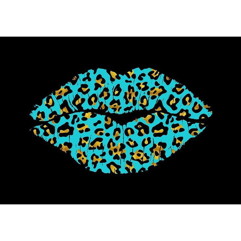 Aqua Leopard Lips Black Modern Wood Framed Art Print with Double Matting by Lavoie, Tina