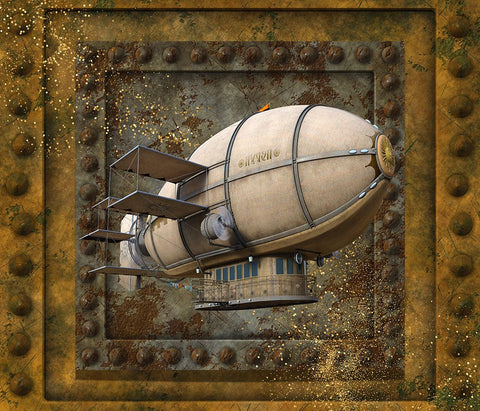 Steampunk Zeppelin Blimp Black Ornate Wood Framed Art Print with Double Matting by Mitchell, Tina