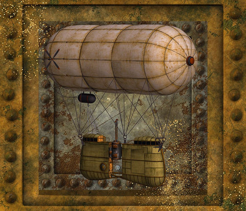 Steampunk Zeppelin Balloon Black Ornate Wood Framed Art Print with Double Matting by Mitchell, Tina