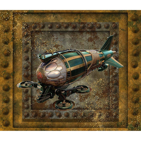 Steampunk Zeppelin Drone Gold Ornate Wood Framed Art Print with Double Matting by Mitchell, Tina