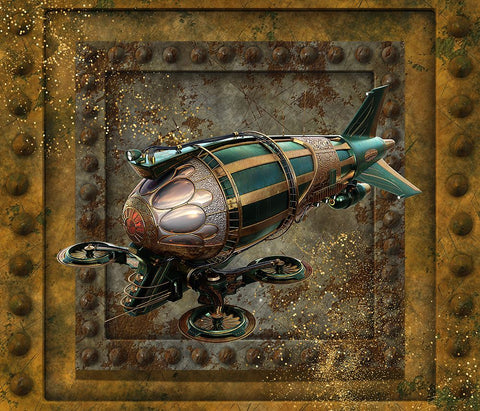 Steampunk Zeppelin Drone Black Ornate Wood Framed Art Print with Double Matting by Mitchell, Tina