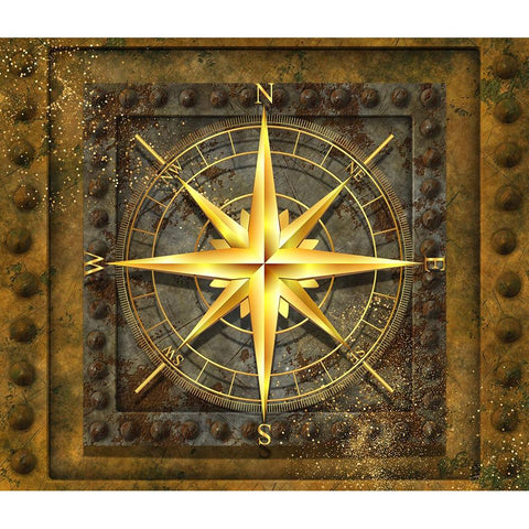 Steampunk Compass Gold Ornate Wood Framed Art Print with Double Matting by Mitchell, Tina