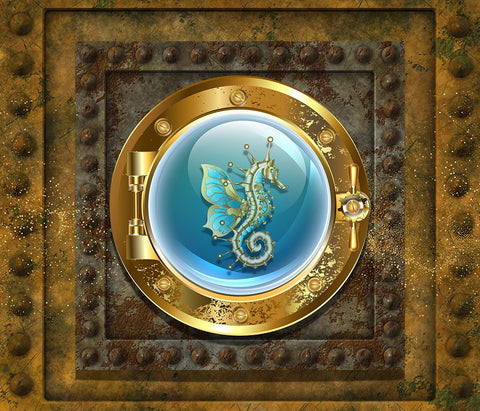 Steampunk Porthole Seahorse Black Ornate Wood Framed Art Print with Double Matting by Mitchell, Tina