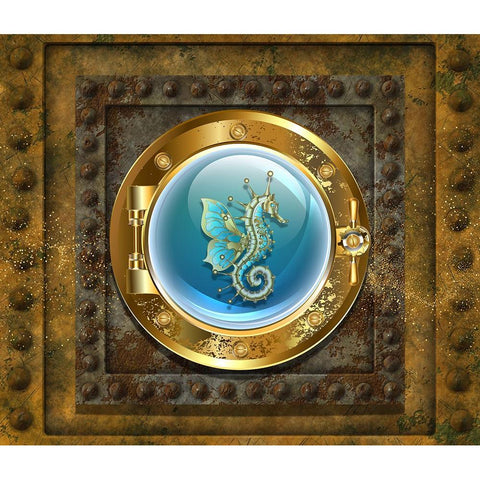 Steampunk Porthole Seahorse White Modern Wood Framed Art Print by Mitchell, Tina