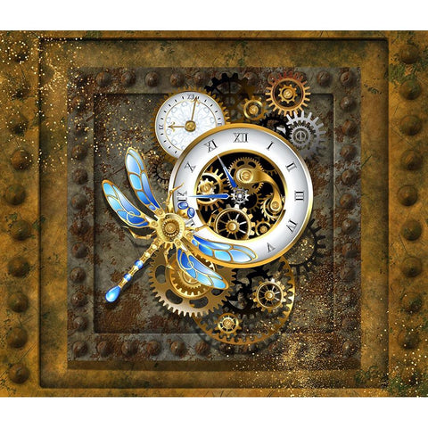 Steampunk Dragonfly Clock White Modern Wood Framed Art Print by Mitchell, Tina