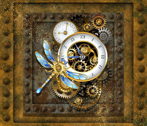 Steampunk Dragonfly Clock White Modern Wood Framed Art Print with Double Matting by Mitchell, Tina